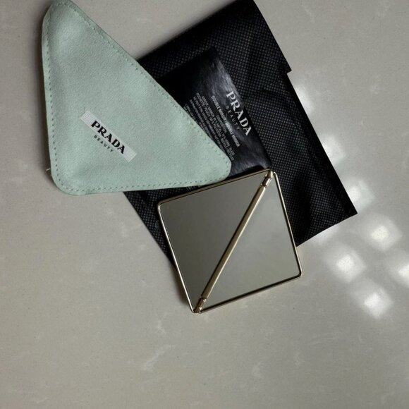 Prada Beauty Gold + Silver Folding Double Mirror Compact & Mint Green Pouch New - Picture 3 of 5